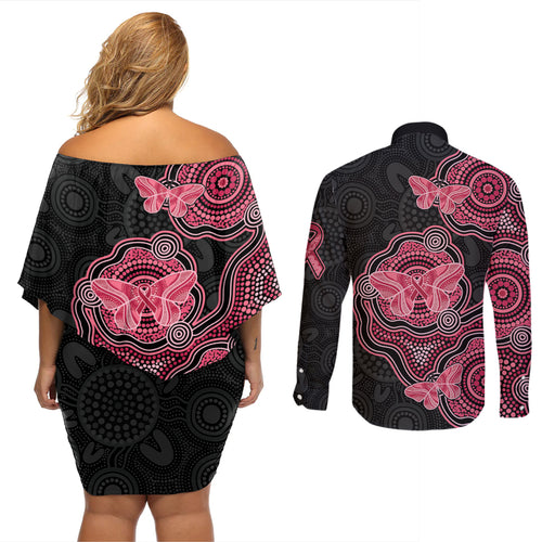 Australia Indigenous Mother's Day Couples Matching Off Shoulder Short Dress and Long Sleeve Button Shirt Aboriginal Breast Cancer Ribbon