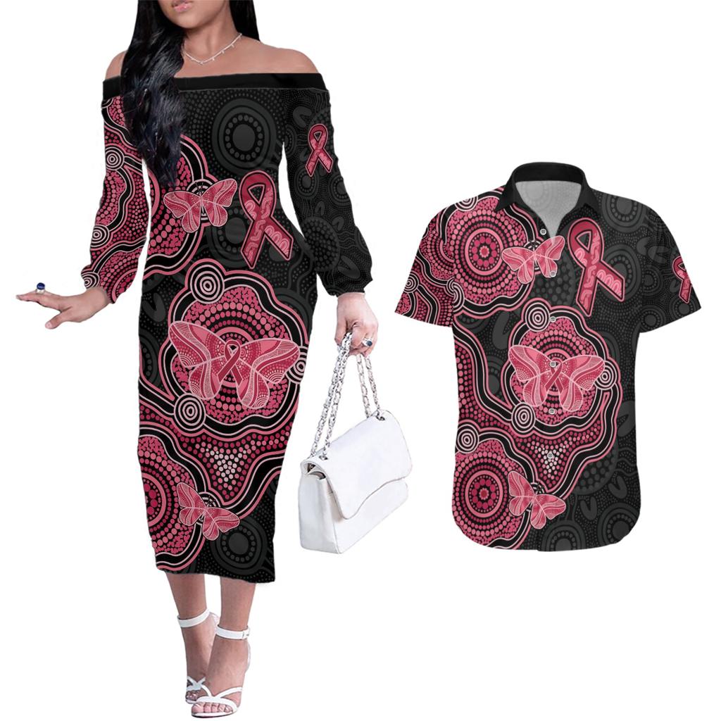 Australia Indigenous Mother's Day Couples Matching Off The Shoulder Long Sleeve Dress and Hawaiian Shirt Aboriginal Breast Cancer Ribbon