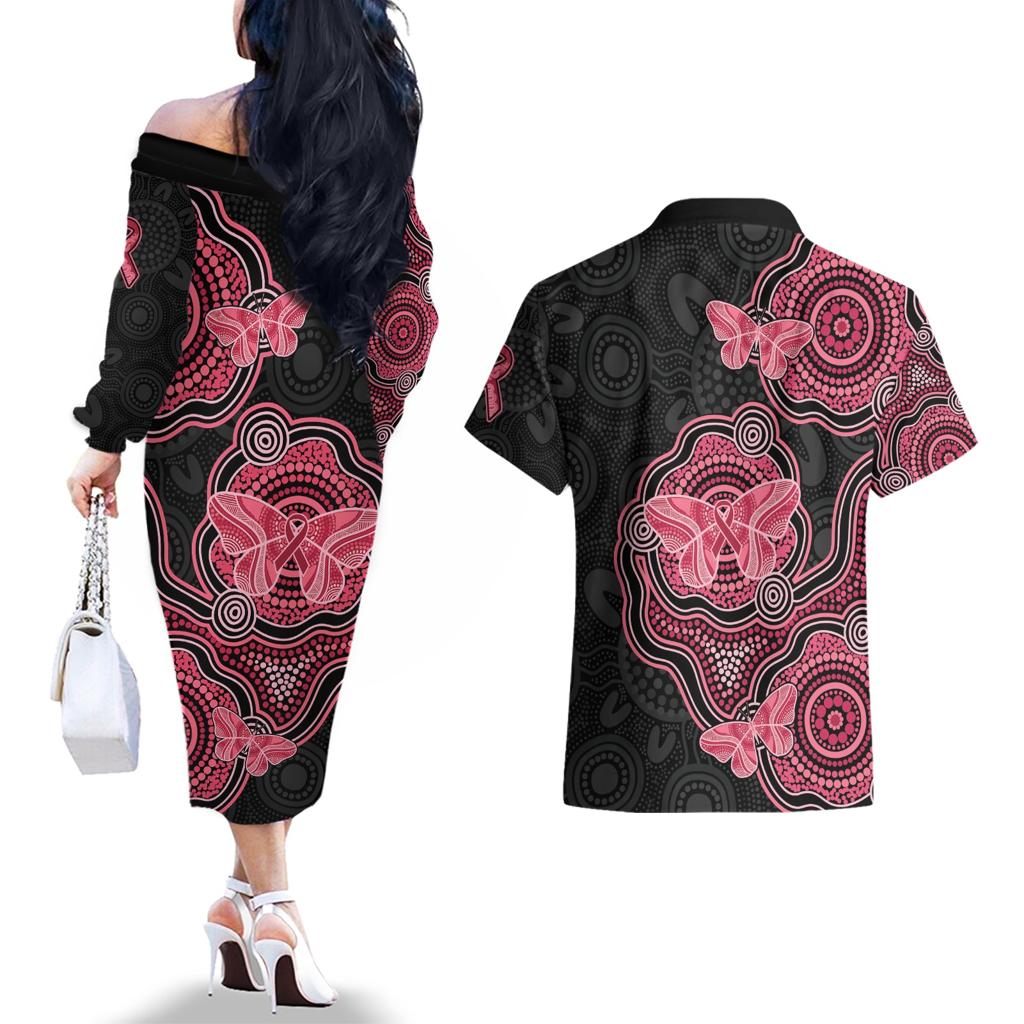 Australia Indigenous Mother's Day Couples Matching Off The Shoulder Long Sleeve Dress and Hawaiian Shirt Aboriginal Breast Cancer Ribbon