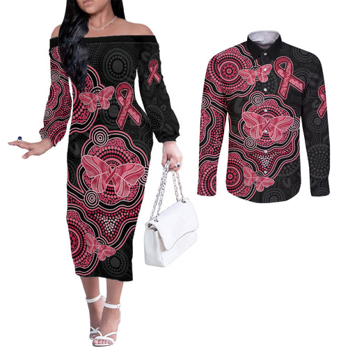Australia Indigenous Mother's Day Couples Matching Off The Shoulder Long Sleeve Dress and Long Sleeve Button Shirt Aboriginal Breast Cancer Ribbon