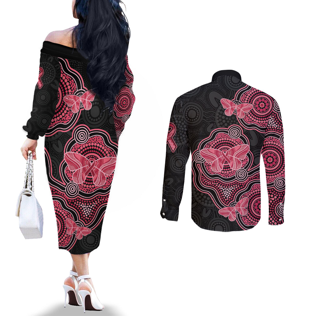 Australia Indigenous Mother's Day Couples Matching Off The Shoulder Long Sleeve Dress and Long Sleeve Button Shirt Aboriginal Breast Cancer Ribbon