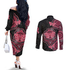 Australia Indigenous Mother's Day Couples Matching Off The Shoulder Long Sleeve Dress and Long Sleeve Button Shirt Aboriginal Breast Cancer Ribbon