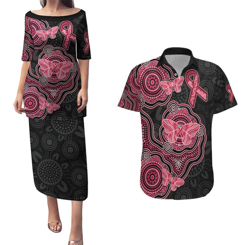 Australia Indigenous Mother's Day Couples Matching Puletasi and Hawaiian Shirt Aboriginal Breast Cancer Ribbon