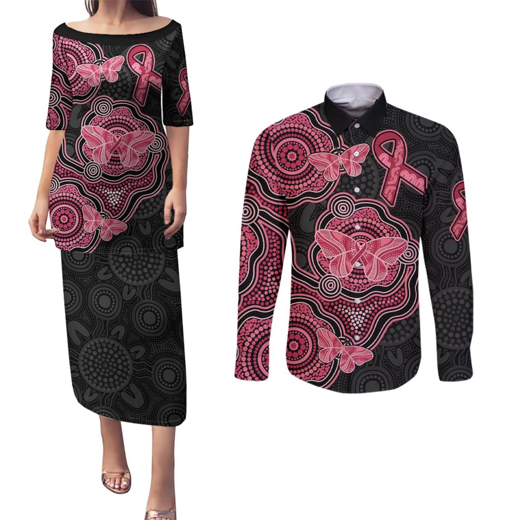 Australia Indigenous Mother's Day Couples Matching Puletasi and Long Sleeve Button Shirt Aboriginal Breast Cancer Ribbon