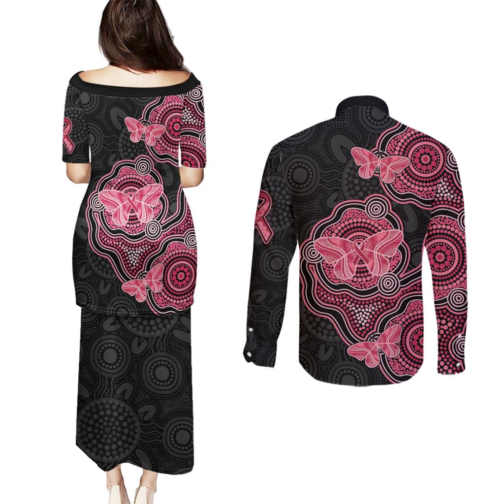 Australia Indigenous Mother's Day Couples Matching Puletasi and Long Sleeve Button Shirt Aboriginal Breast Cancer Ribbon