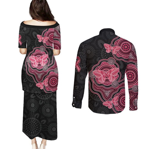Australia Indigenous Mother's Day Couples Matching Puletasi and Long Sleeve Button Shirt Aboriginal Breast Cancer Ribbon