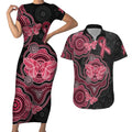 Australia Indigenous Mother's Day Couples Matching Short Sleeve Bodycon Dress and Hawaiian Shirt Aboriginal Breast Cancer Ribbon