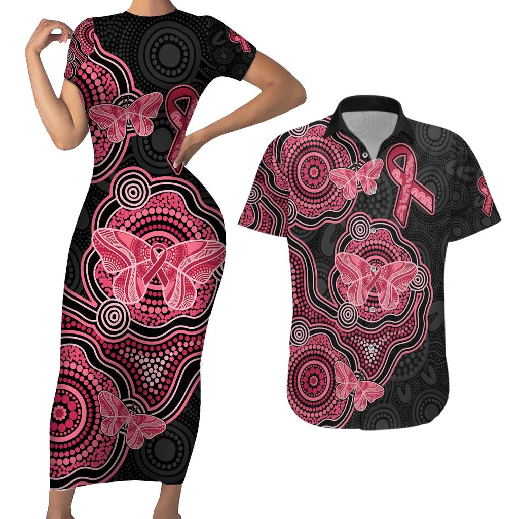 Australia Indigenous Mother's Day Couples Matching Short Sleeve Bodycon Dress and Hawaiian Shirt Aboriginal Breast Cancer Ribbon