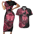Australia Indigenous Mother's Day Couples Matching Short Sleeve Bodycon Dress and Hawaiian Shirt Aboriginal Breast Cancer Ribbon