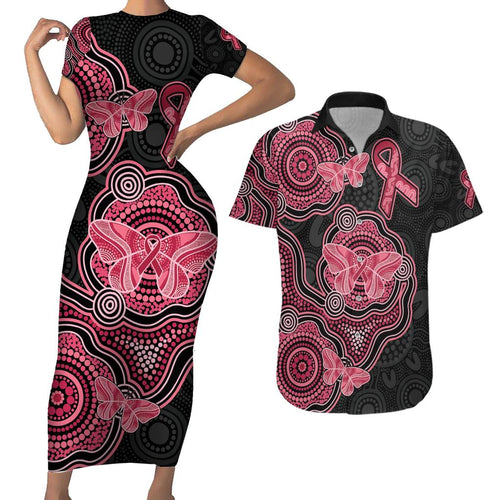 Australia Indigenous Mother's Day Couples Matching Short Sleeve Bodycon Dress and Hawaiian Shirt Aboriginal Breast Cancer Ribbon