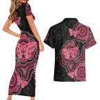 Australia Indigenous Mother's Day Couples Matching Short Sleeve Bodycon Dress and Hawaiian Shirt Aboriginal Breast Cancer Ribbon