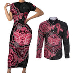 Australia Indigenous Mother's Day Couples Matching Short Sleeve Bodycon Dress and Long Sleeve Button Shirt Aboriginal Breast Cancer Ribbon