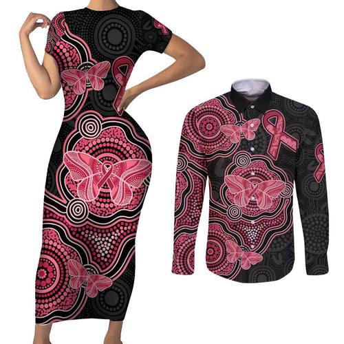 Australia Indigenous Mother's Day Couples Matching Short Sleeve Bodycon Dress and Long Sleeve Button Shirt Aboriginal Breast Cancer Ribbon