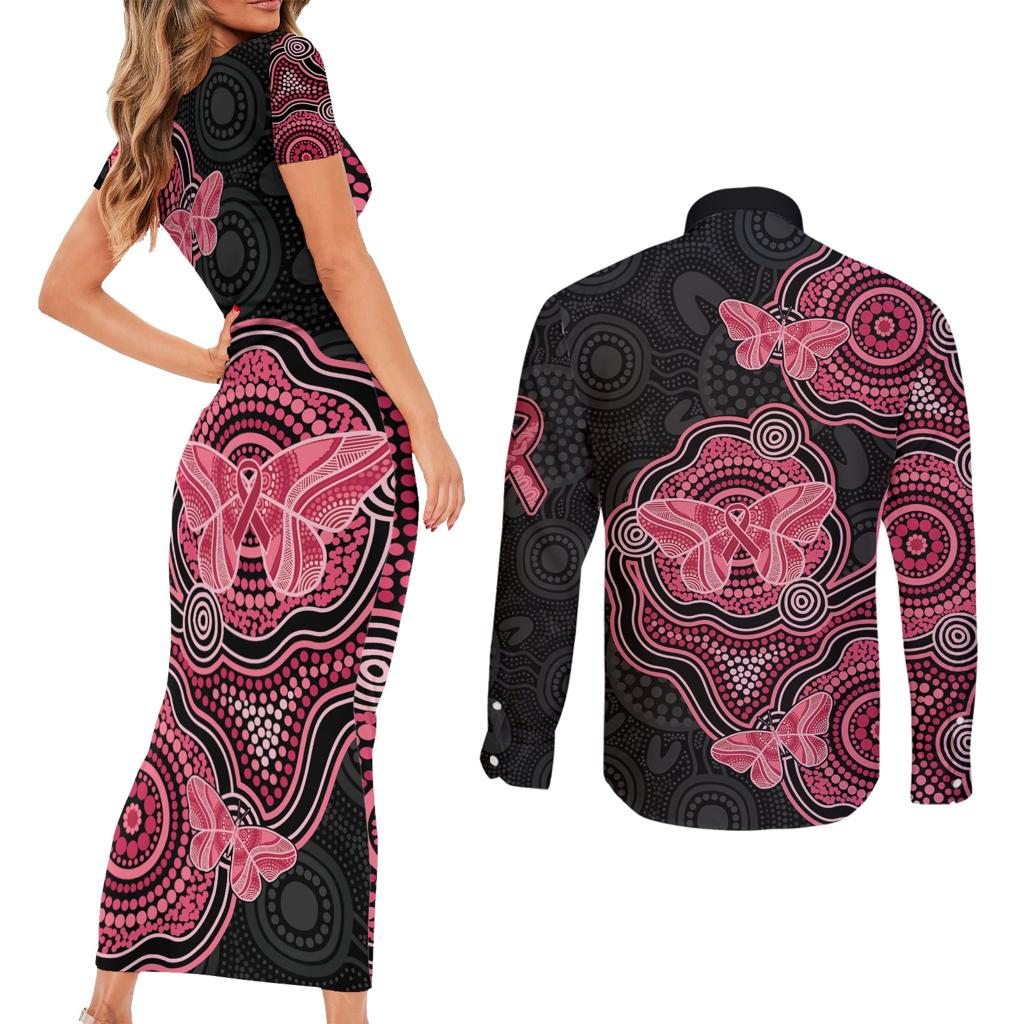 Australia Indigenous Mother's Day Couples Matching Short Sleeve Bodycon Dress and Long Sleeve Button Shirt Aboriginal Breast Cancer Ribbon
