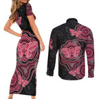 Australia Indigenous Mother's Day Couples Matching Short Sleeve Bodycon Dress and Long Sleeve Button Shirt Aboriginal Breast Cancer Ribbon