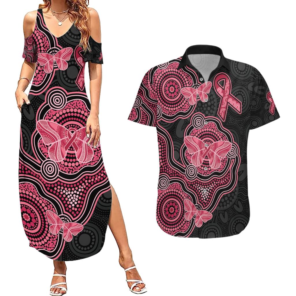 Australia Indigenous Mother's Day Couples Matching Summer Maxi Dress and Hawaiian Shirt Aboriginal Breast Cancer Ribbon