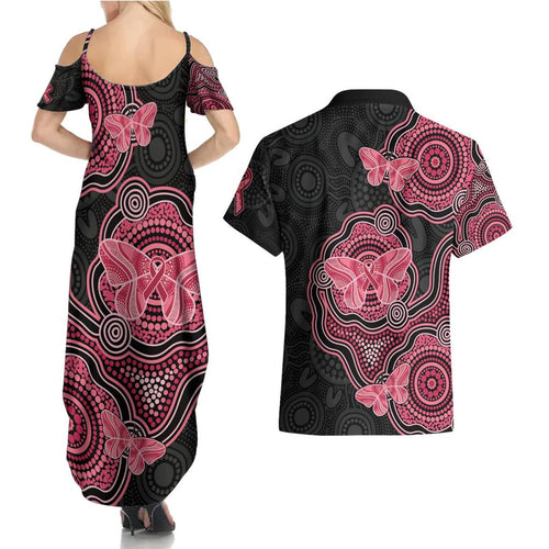 Australia Indigenous Mother's Day Couples Matching Summer Maxi Dress and Hawaiian Shirt Aboriginal Breast Cancer Ribbon