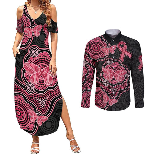 Australia Indigenous Mother's Day Couples Matching Summer Maxi Dress and Long Sleeve Button Shirt Aboriginal Breast Cancer Ribbon