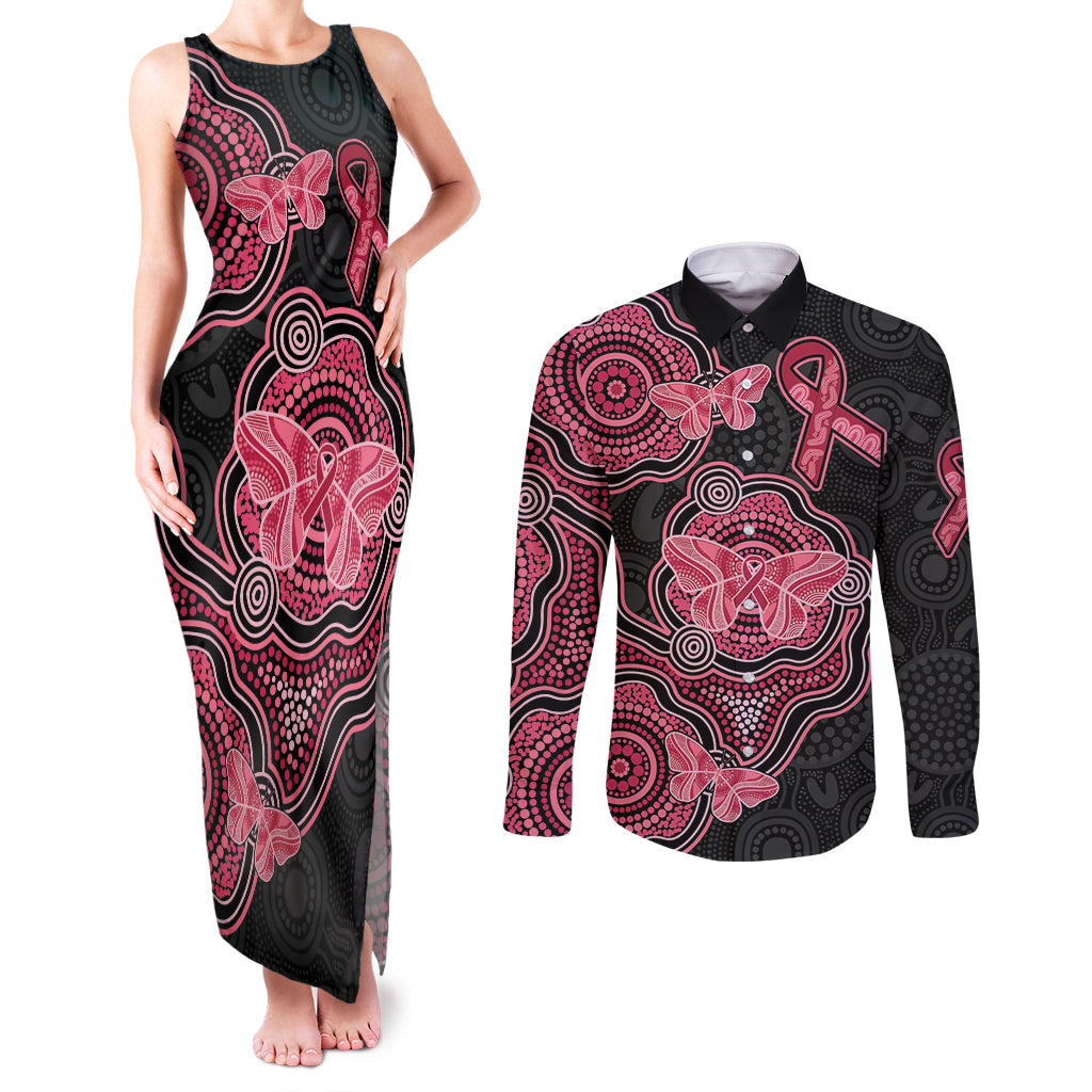 Australia Indigenous Mother's Day Couples Matching Tank Maxi Dress and Long Sleeve Button Shirt Aboriginal Breast Cancer Ribbon