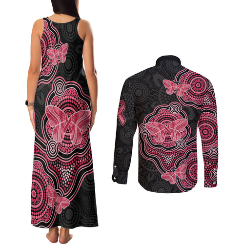 Australia Indigenous Mother's Day Couples Matching Tank Maxi Dress and Long Sleeve Button Shirt Aboriginal Breast Cancer Ribbon
