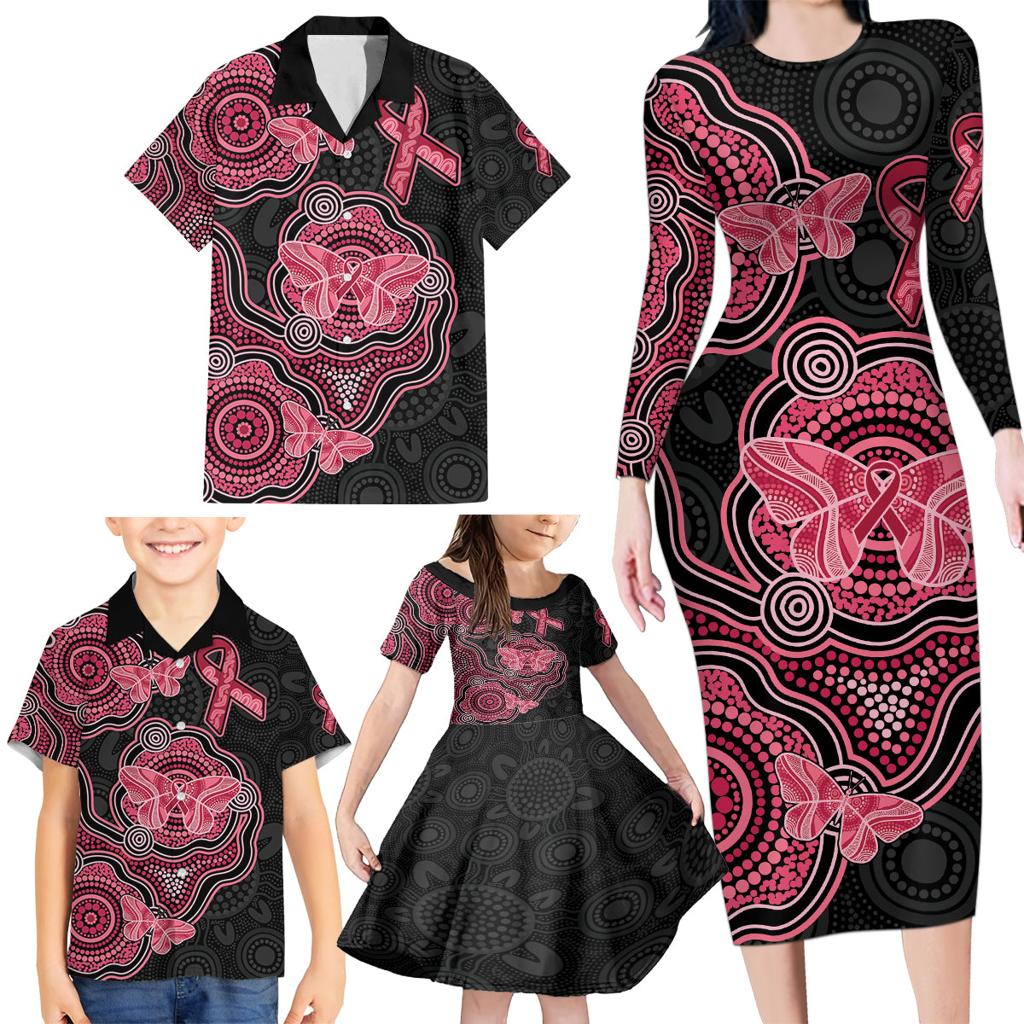 Australia Indigenous Mother's Day Family Matching Long Sleeve Bodycon Dress and Hawaiian Shirt Aboriginal Breast Cancer Ribbon