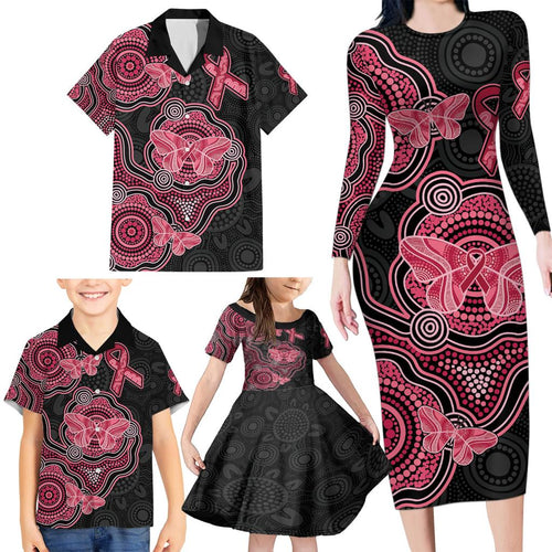 Australia Indigenous Mother's Day Family Matching Long Sleeve Bodycon Dress and Hawaiian Shirt Aboriginal Breast Cancer Ribbon