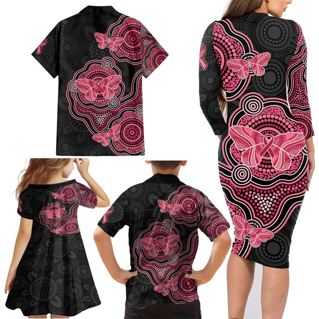 Australia Indigenous Mother's Day Family Matching Long Sleeve Bodycon Dress and Hawaiian Shirt Aboriginal Breast Cancer Ribbon