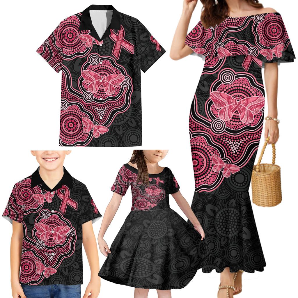 Australia Indigenous Mother's Day Family Matching Mermaid Dress and Hawaiian Shirt Aboriginal Breast Cancer Ribbon