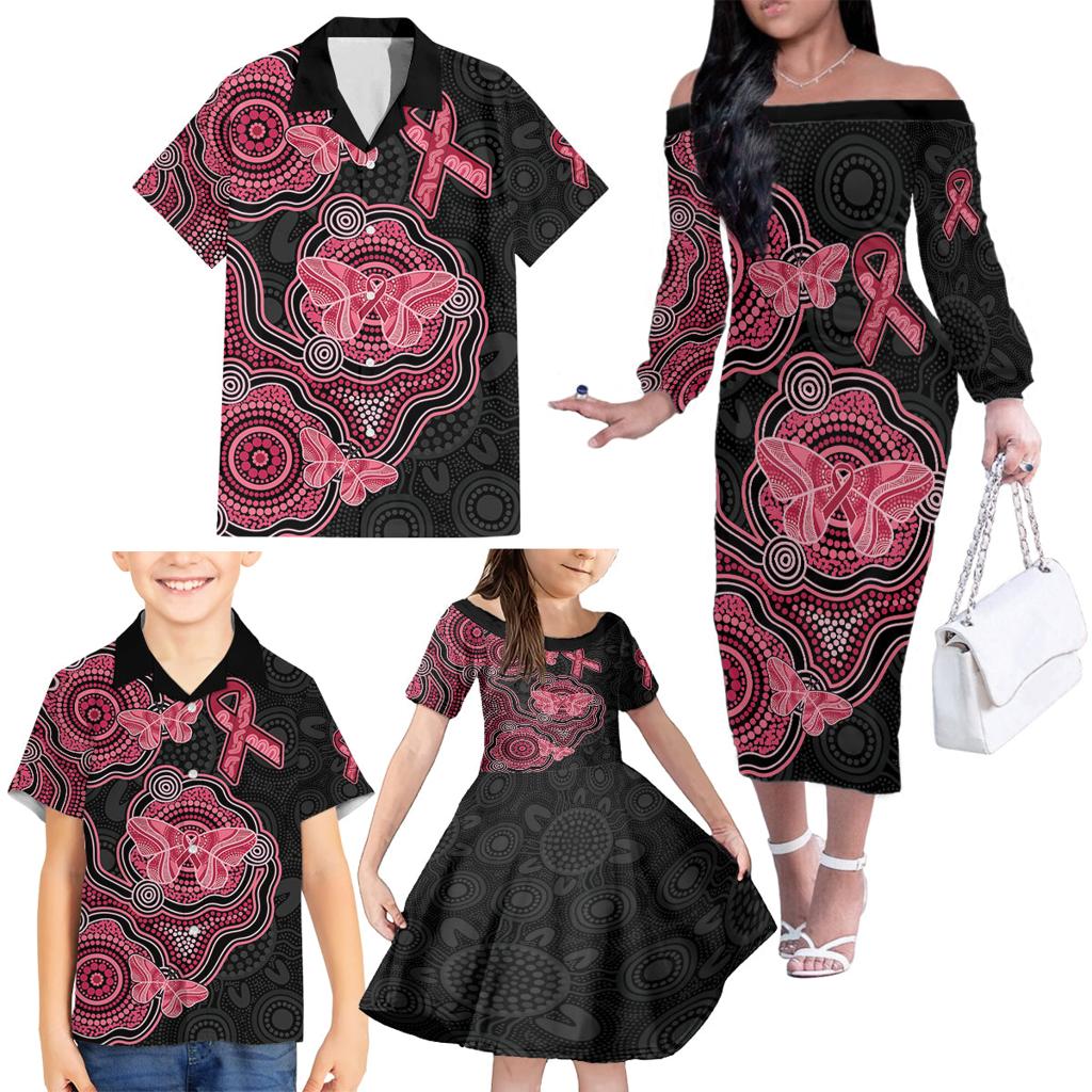 Australia Indigenous Mother's Day Family Matching Off The Shoulder Long Sleeve Dress and Hawaiian Shirt Aboriginal Breast Cancer Ribbon
