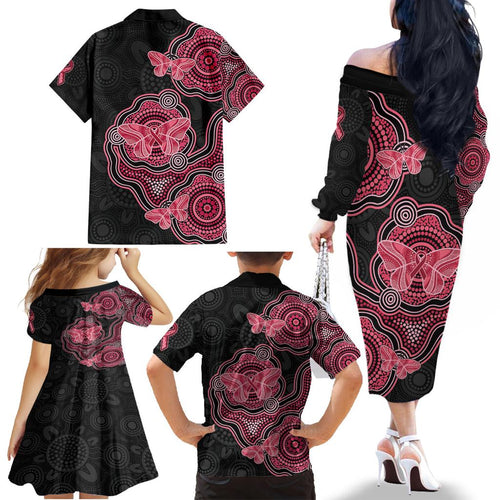 Australia Indigenous Mother's Day Family Matching Off The Shoulder Long Sleeve Dress and Hawaiian Shirt Aboriginal Breast Cancer Ribbon