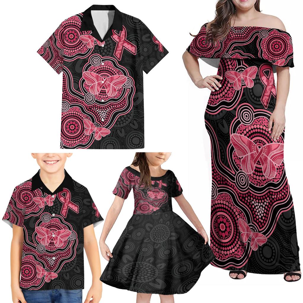Australia Indigenous Mother's Day Family Matching Off Shoulder Maxi Dress and Hawaiian Shirt Aboriginal Breast Cancer Ribbon