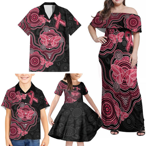 Australia Indigenous Mother's Day Family Matching Off Shoulder Maxi Dress and Hawaiian Shirt Aboriginal Breast Cancer Ribbon