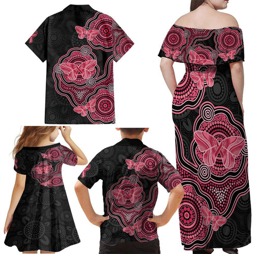 Australia Indigenous Mother's Day Family Matching Off Shoulder Maxi Dress and Hawaiian Shirt Aboriginal Breast Cancer Ribbon