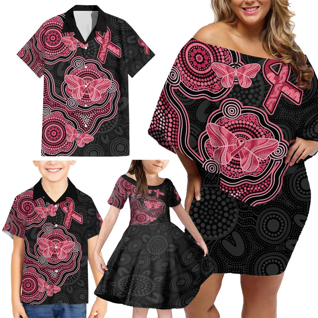 Australia Indigenous Mother's Day Family Matching Off Shoulder Short Dress and Hawaiian Shirt Aboriginal Breast Cancer Ribbon