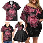 Australia Indigenous Mother's Day Family Matching Off Shoulder Short Dress and Hawaiian Shirt Aboriginal Breast Cancer Ribbon