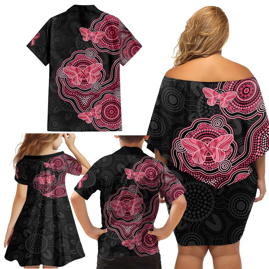 Australia Indigenous Mother's Day Family Matching Off Shoulder Short Dress and Hawaiian Shirt Aboriginal Breast Cancer Ribbon