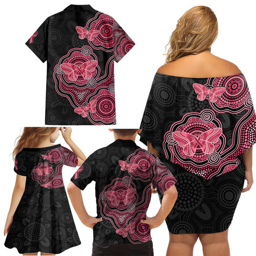 Australia Indigenous Mother's Day Family Matching Off Shoulder Short Dress and Hawaiian Shirt Aboriginal Breast Cancer Ribbon
