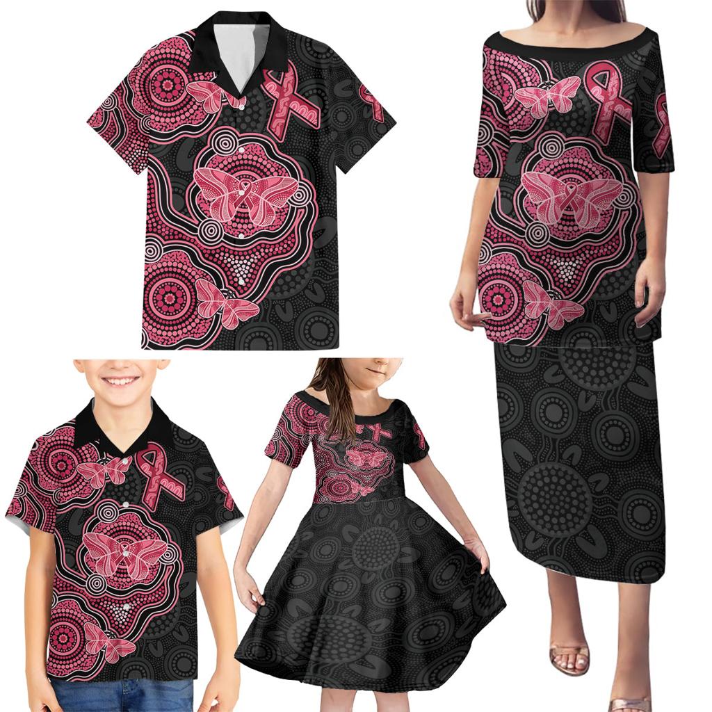 Australia Indigenous Mother's Day Family Matching Puletasi and Hawaiian Shirt Aboriginal Breast Cancer Ribbon