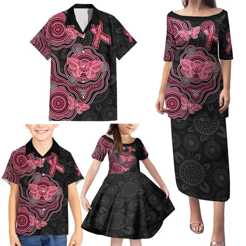 Australia Indigenous Mother's Day Family Matching Puletasi and Hawaiian Shirt Aboriginal Breast Cancer Ribbon