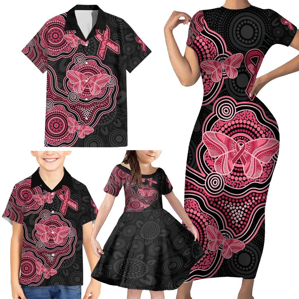 Australia Indigenous Mother's Day Family Matching Short Sleeve Bodycon Dress and Hawaiian Shirt Aboriginal Breast Cancer Ribbon