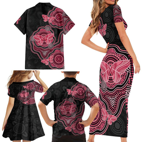 Australia Indigenous Mother's Day Family Matching Short Sleeve Bodycon Dress and Hawaiian Shirt Aboriginal Breast Cancer Ribbon