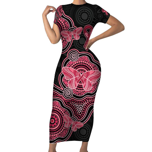 Australia Indigenous Mother's Day Family Matching Short Sleeve Bodycon Dress and Hawaiian Shirt Aboriginal Breast Cancer Ribbon