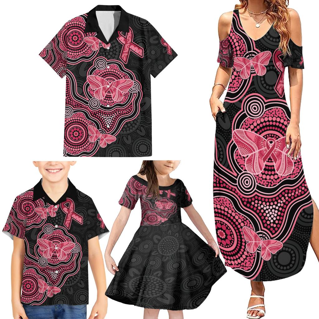 Australia Indigenous Mother's Day Family Matching Summer Maxi Dress and Hawaiian Shirt Aboriginal Breast Cancer Ribbon