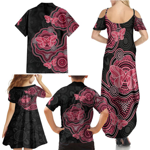 Australia Indigenous Mother's Day Family Matching Summer Maxi Dress and Hawaiian Shirt Aboriginal Breast Cancer Ribbon