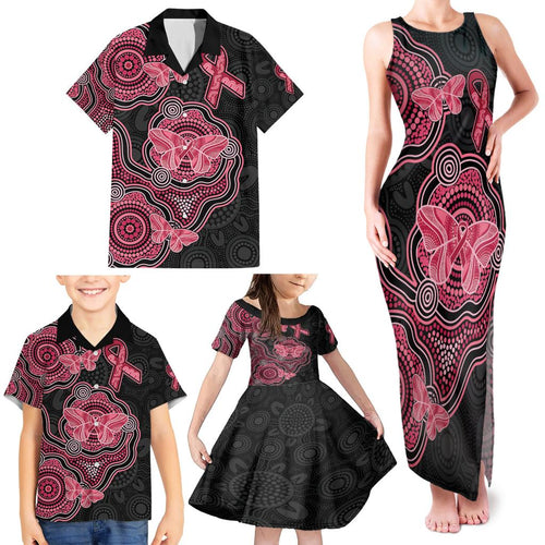 Australia Indigenous Mother's Day Family Matching Tank Maxi Dress and Hawaiian Shirt Aboriginal Breast Cancer Ribbon