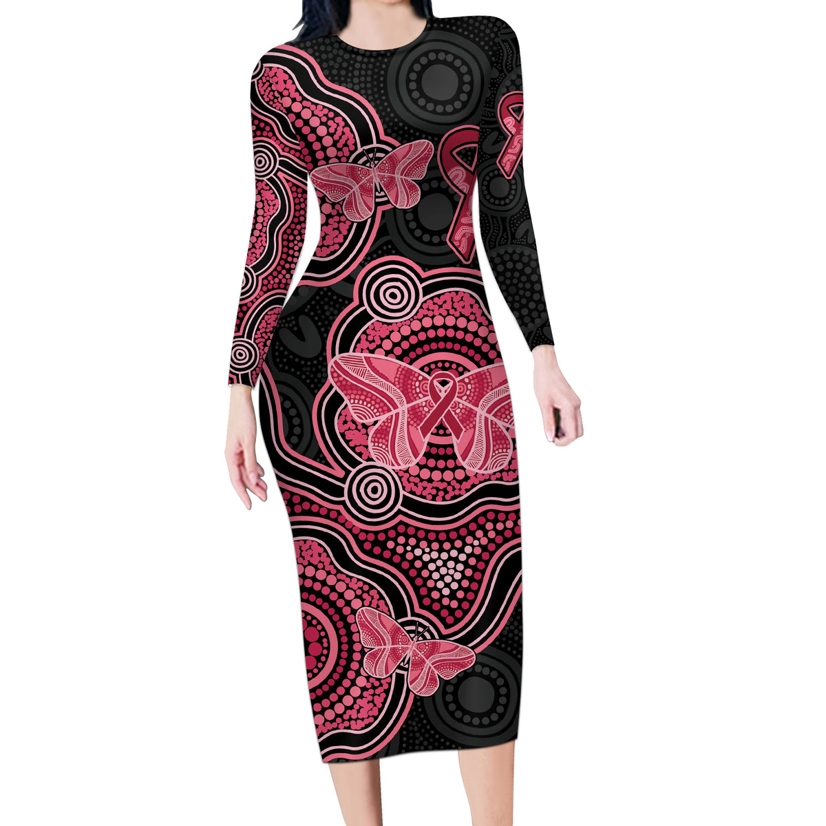 Australia Indigenous Mother's Day Long Sleeve Bodycon Dress Aboriginal Breast Cancer Ribbon