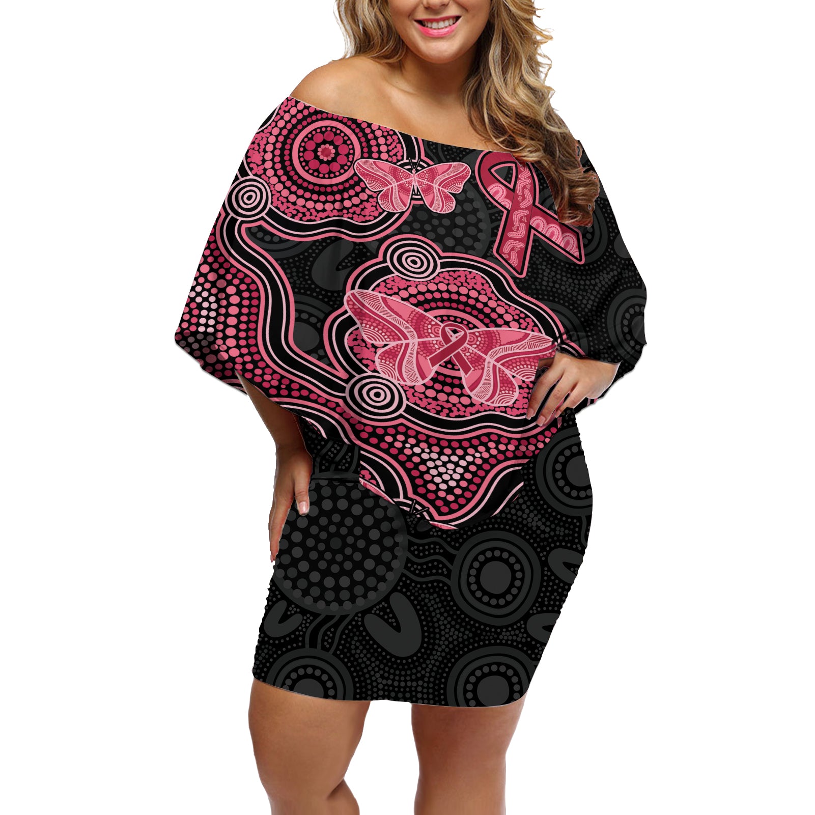 Australia Indigenous Mother's Day Off Shoulder Short Dress Aboriginal Breast Cancer Ribbon