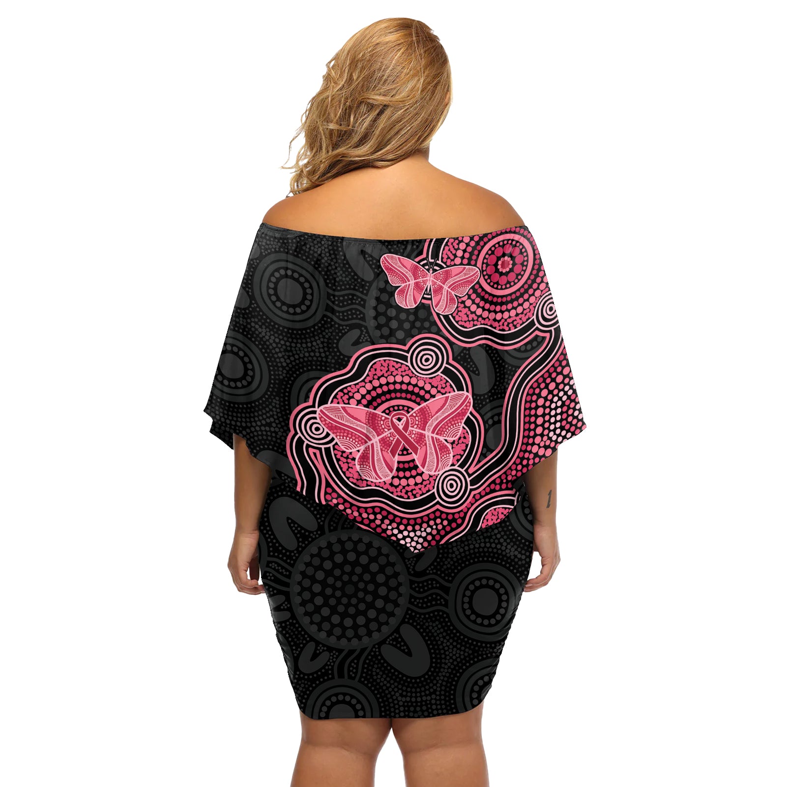 Australia Indigenous Mother's Day Off Shoulder Short Dress Aboriginal Breast Cancer Ribbon