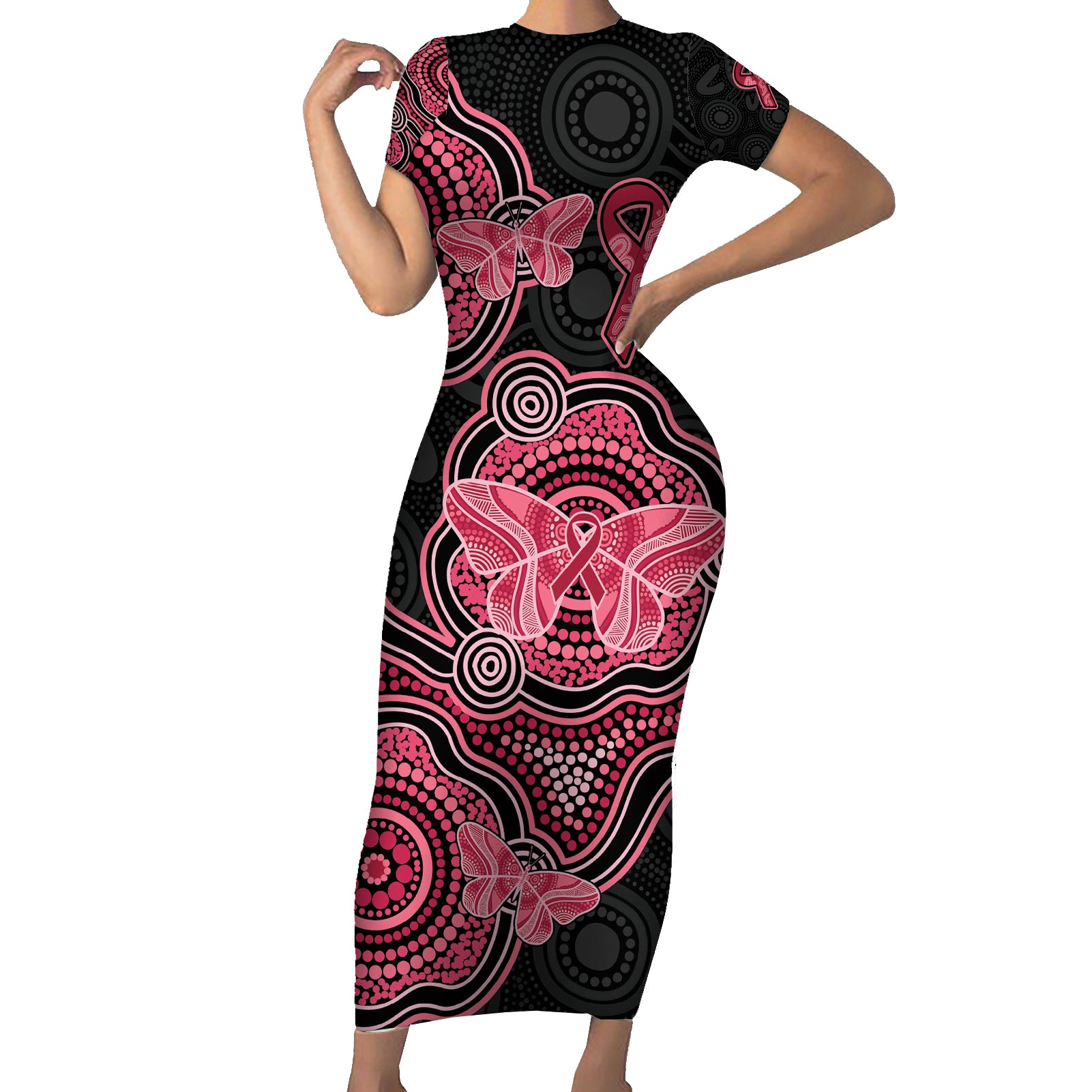 Australia Indigenous Mother's Day Short Sleeve Bodycon Dress Aboriginal Breast Cancer Ribbon