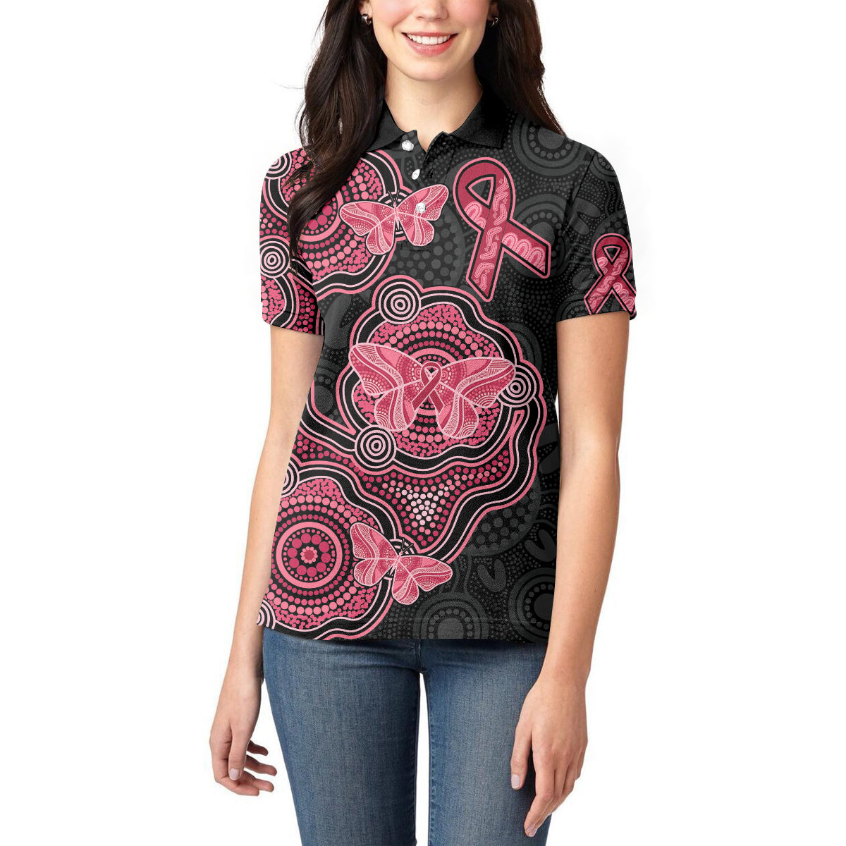 Australia Indigenous Mother's Day Women Polo Shirt Aboriginal Breast Cancer Ribbon